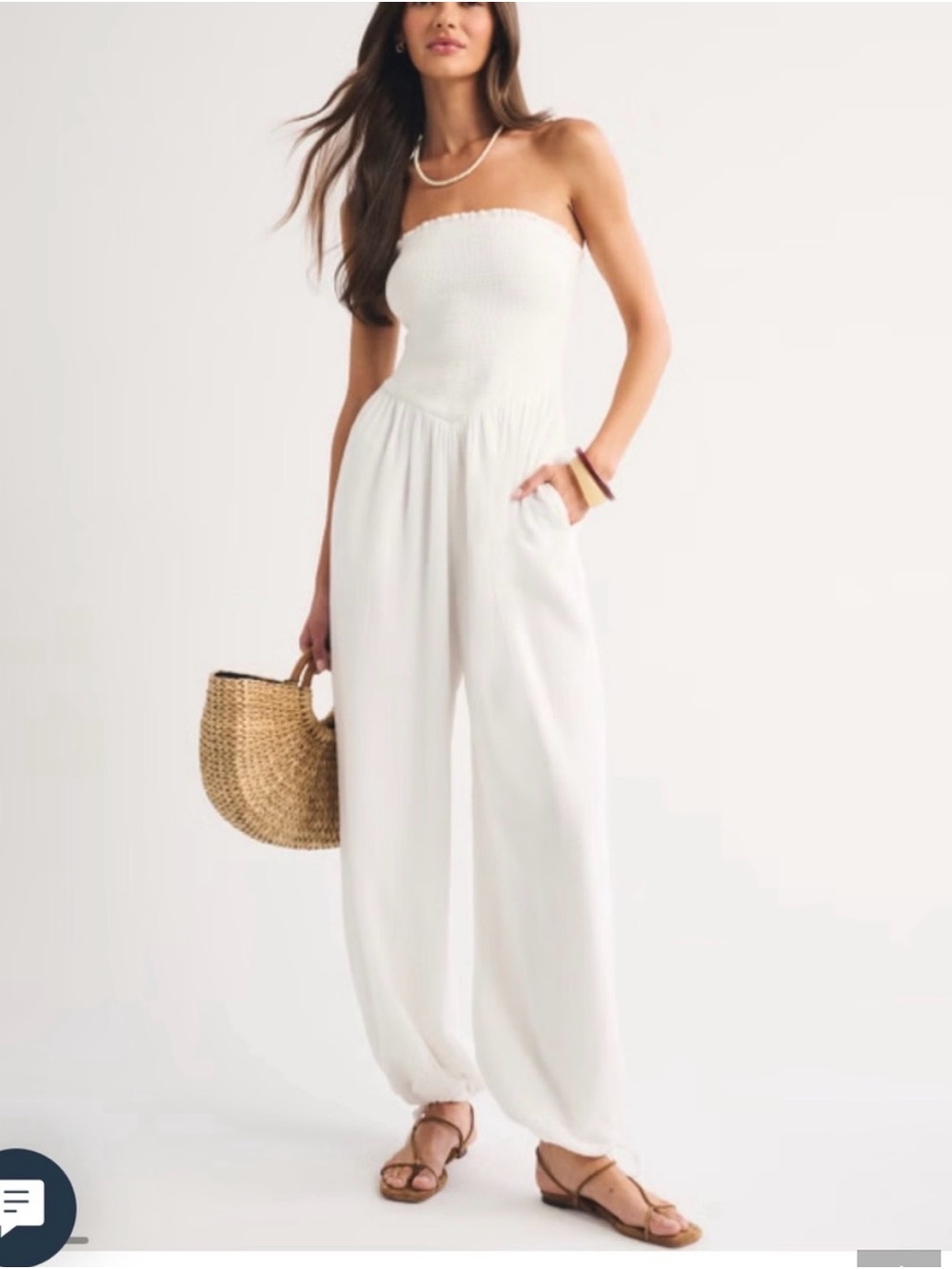 Abercrombie & Fitch White Strapless Smocked-Waist Wide-Leg Jumpsuit